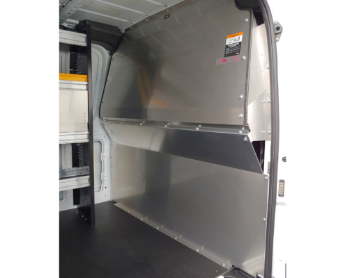 Solid contoured partition installed in a Sprinter LR