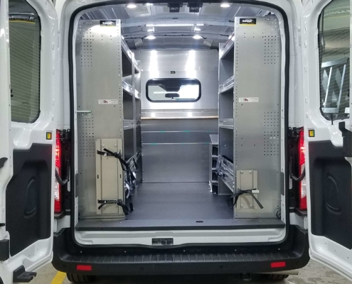 picture of a van upfit from a back angle