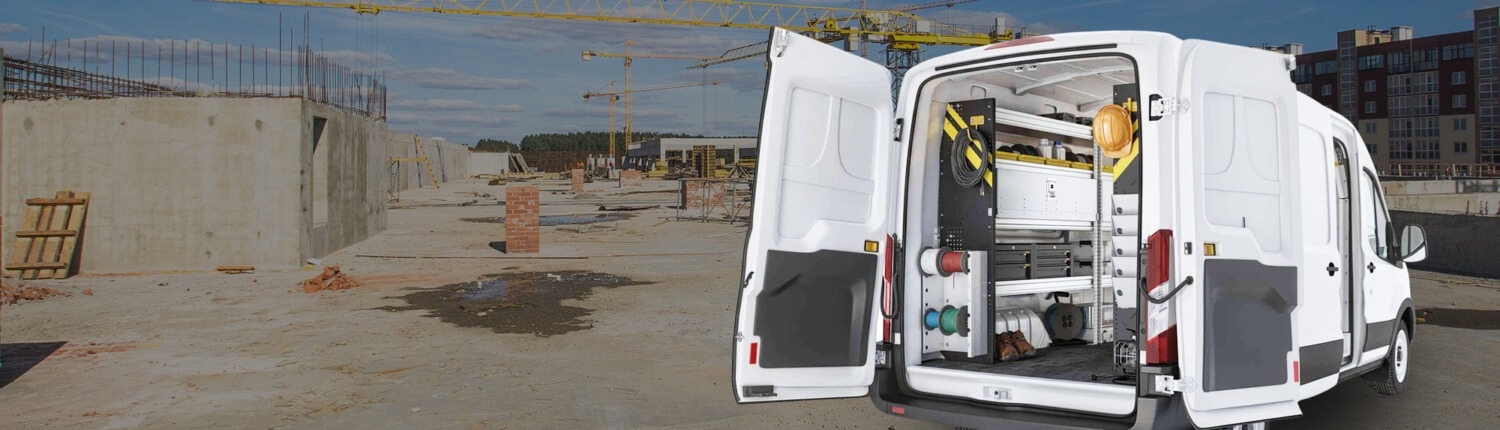 An outfitted work van at a construction site
