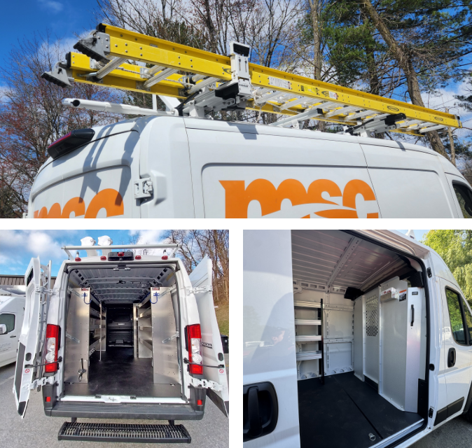View of van fit from 3 different angles, back door, side door and ladders on roof